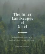 Book cover titled "the inner landscapes of grief" by katherine haghighi, featuring a misty forest backdrop.